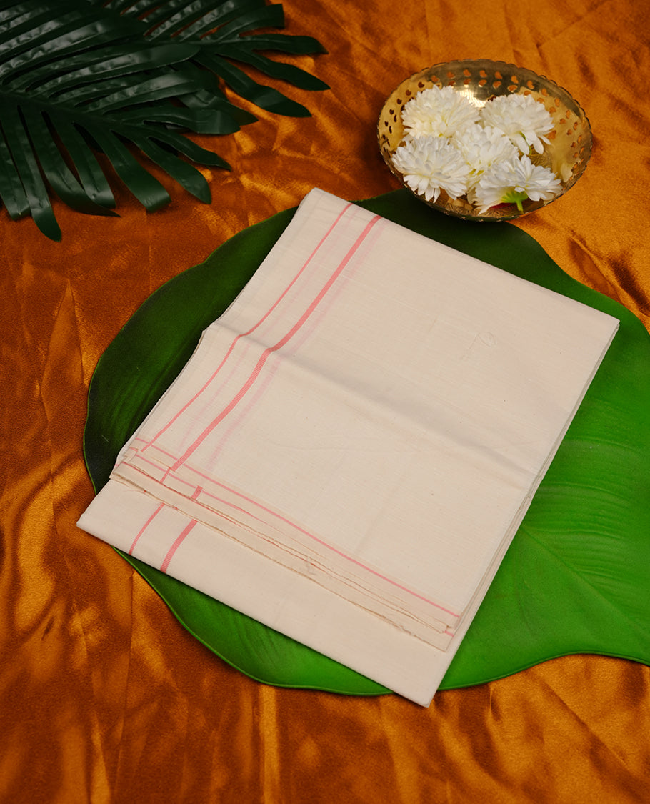 Cream colour cotton single dhoti featuring light pink colour simple border