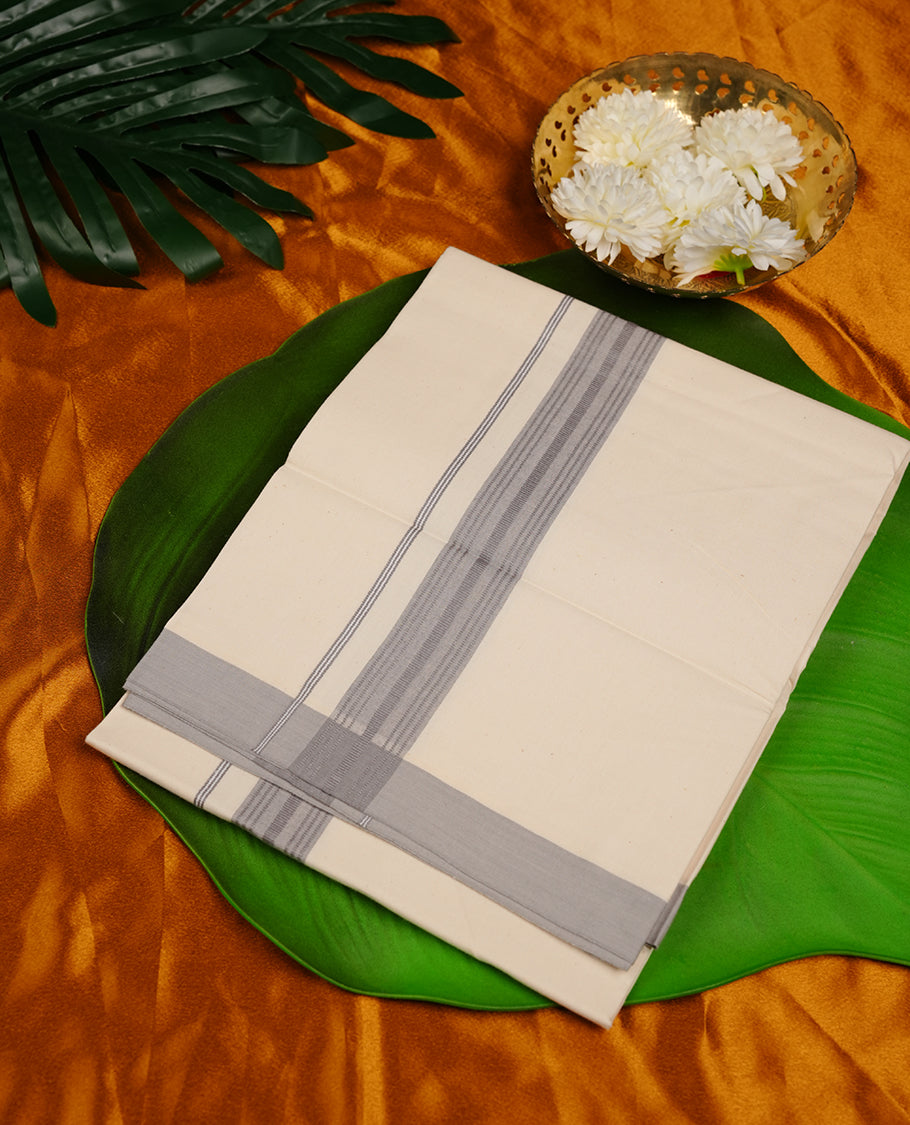 Cream colour cotton MCR single dhoti featuring ashy grey colour border