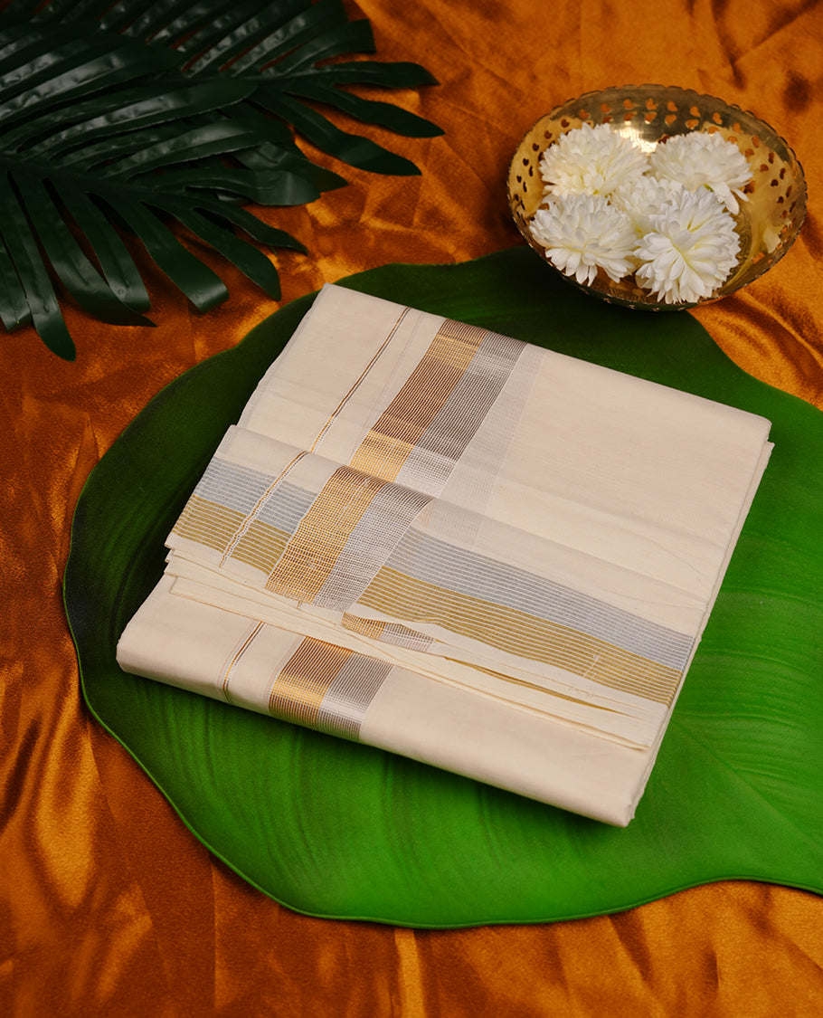 Cream colour cotton double dhoti featuring gold and silver border