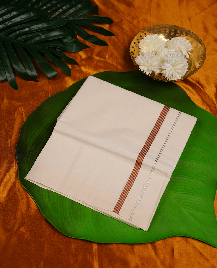 Cream colour double dhoti featuring brown colour stripe zari border