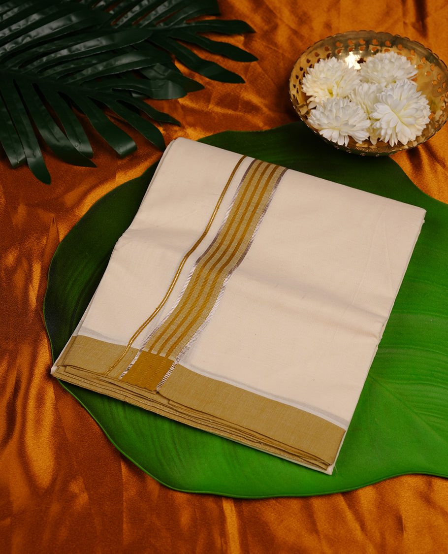 Cream colour cotton double dhoti featuring olive colour border with light gold zari border