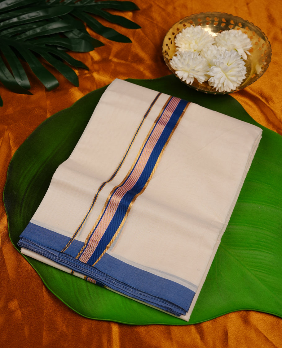Cream colour cotton double dhoti featuring blue and light pink colour border with gold zari border
