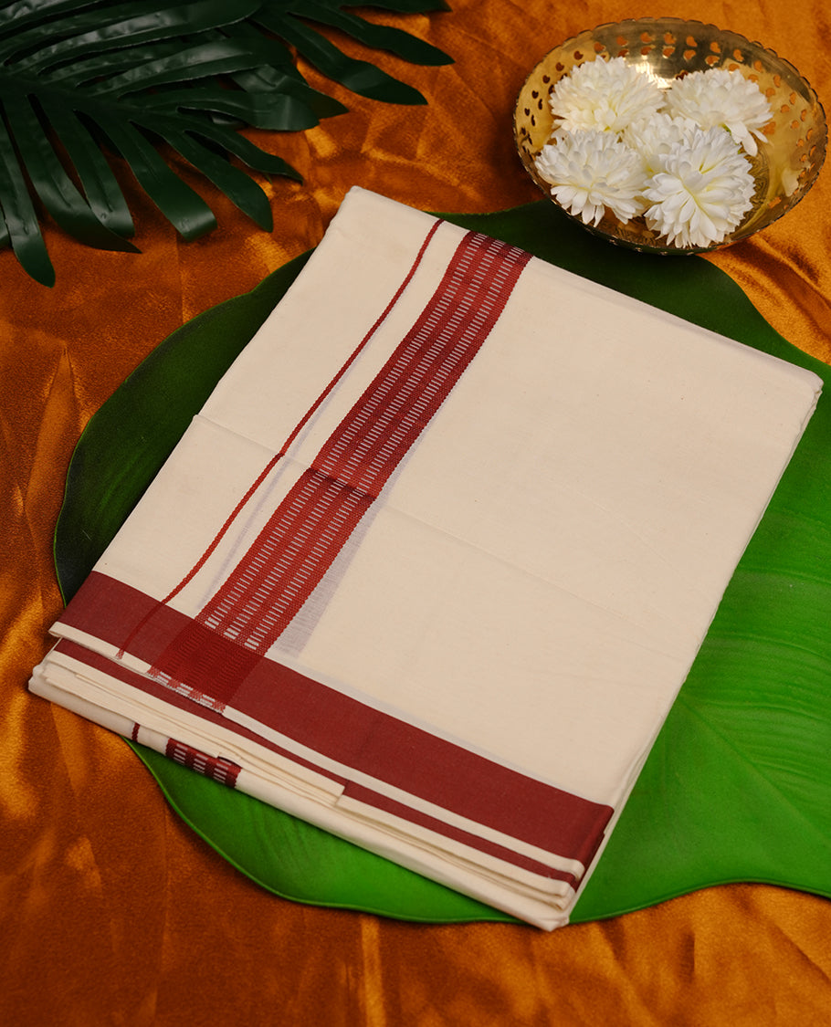 Cream colour cotton double dhoti featuring brown colour border