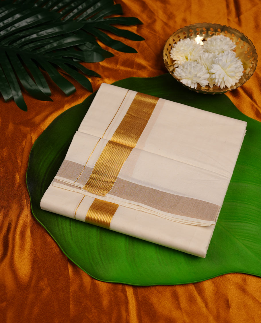 Cream colour cotton double dhoti featuring 2 inch gold kasavu zari border