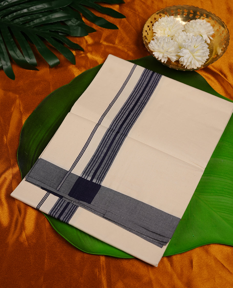 Cream colour RAMRAJ cotton single dhoti featuring navy blue colour border