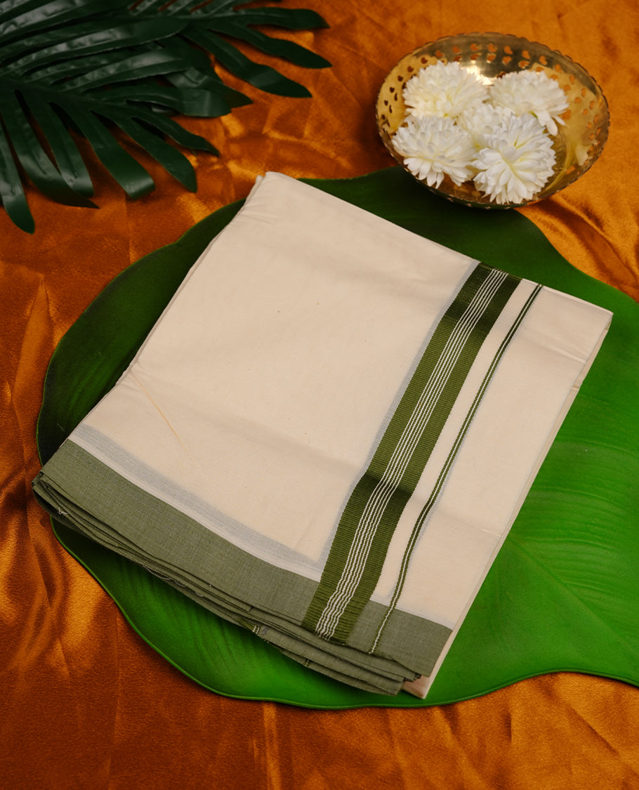 Cream colour cotton double dhoti featuring olive green colour border