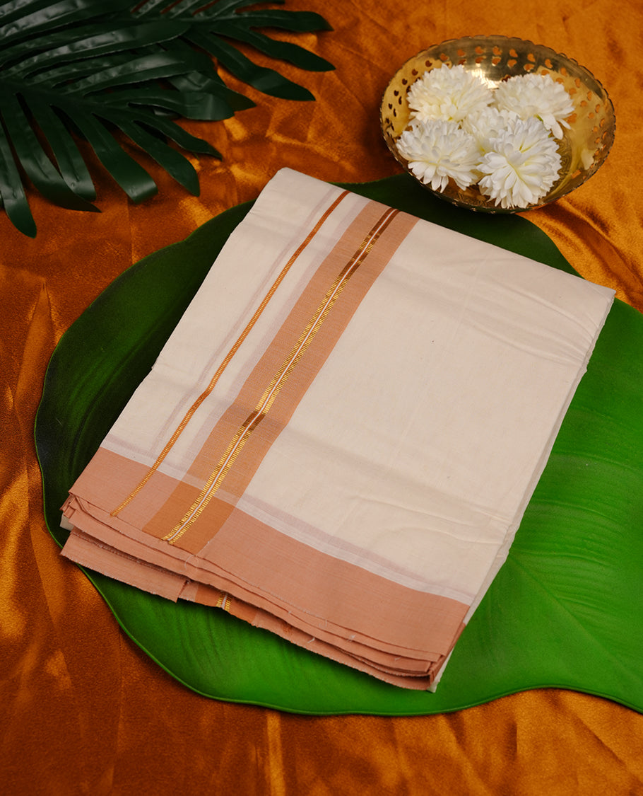 Cream colour cotton double dhoti featuring sandal colour border with gold zari border