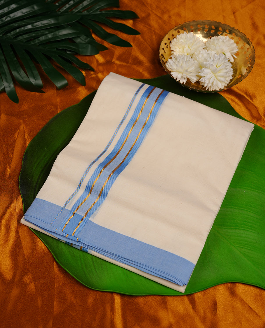 Cream colour cotton double dhoti featuring light blue colour border with gold zari border