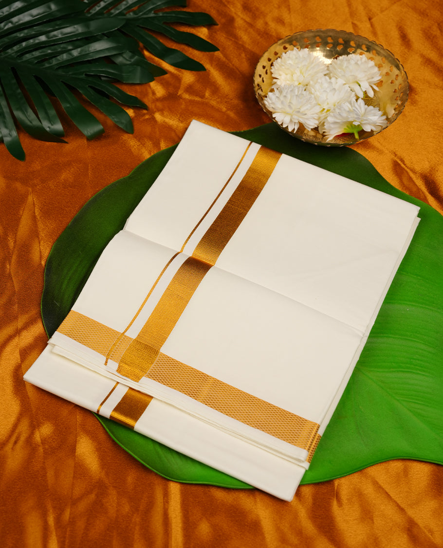 Cream colour RAMRAJ cotton single dhoti featuring gold kasavu zari border