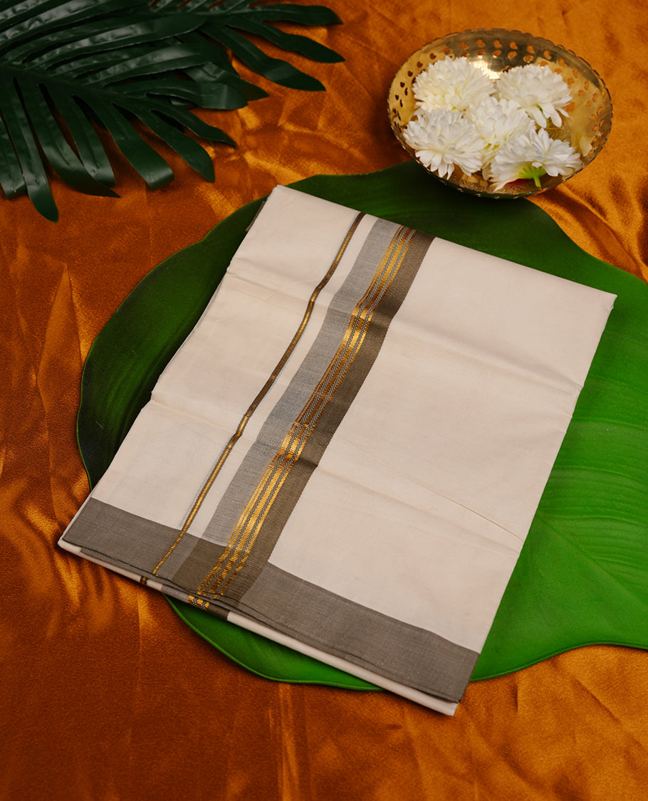 Cream colour cotton double dhoti featuring olive, gold and grey zari border