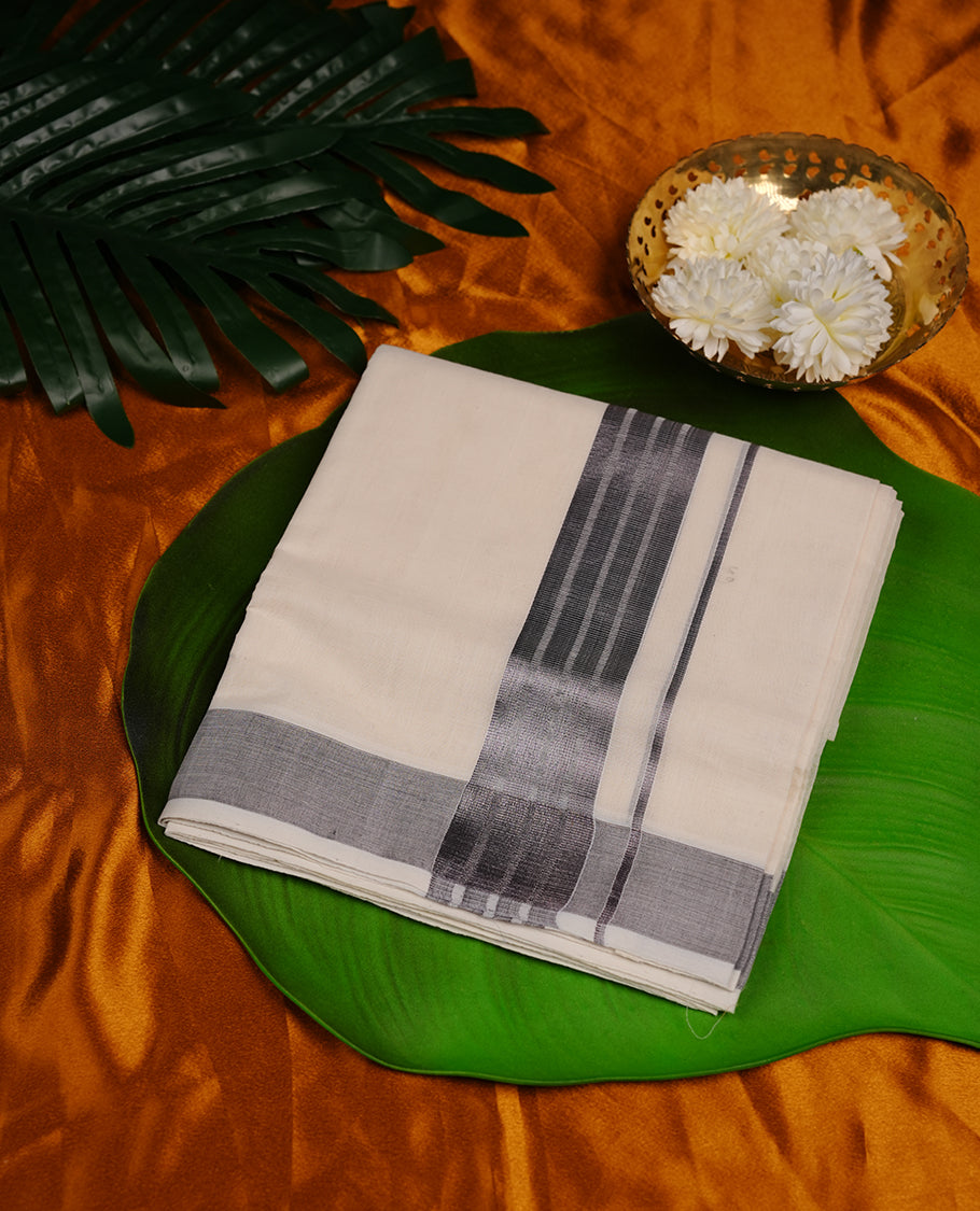Cream colour cotton double dhoti featuring lavender grey colour border