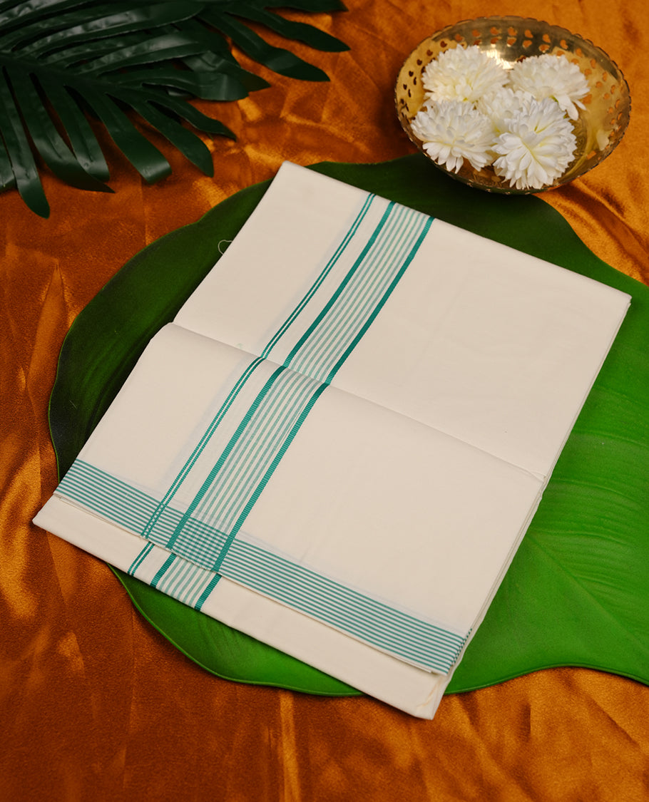Cream colour RAMRAJ cotton single dhoti featuring mint green colour zari border