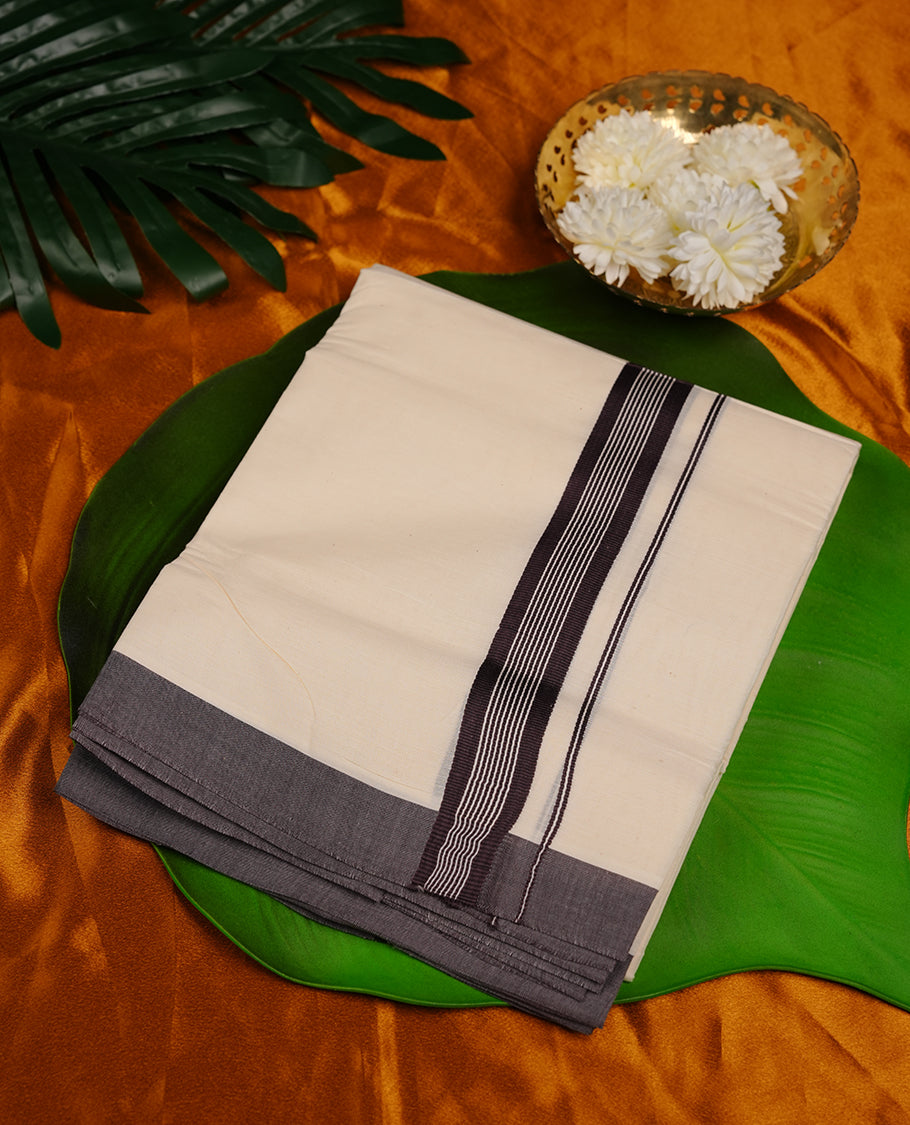 Cream colour cotton double dhoti featuring chocolate brown colour border