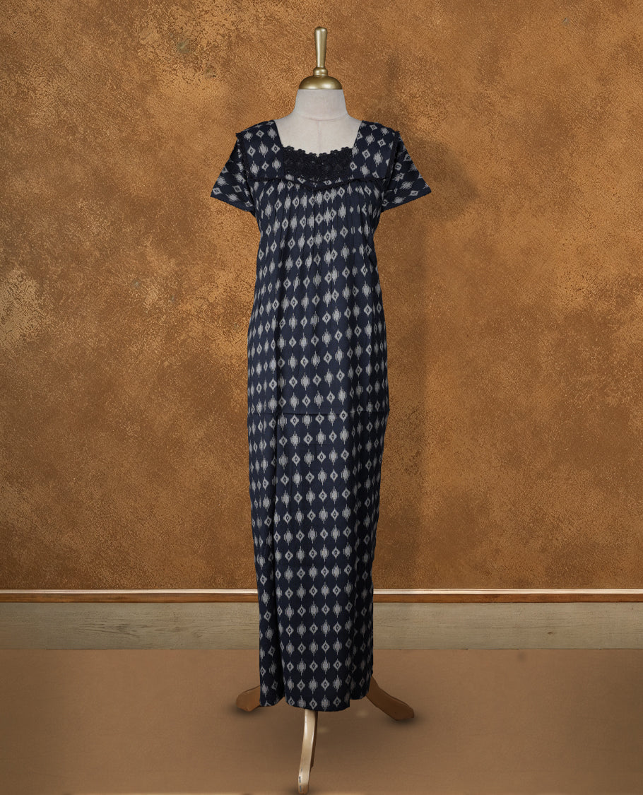 Dark Blue colour Nstyle nighty with featuring a White Diamond pattern, a diamond neckline with lace detailing, Short sleeve, and a full-length