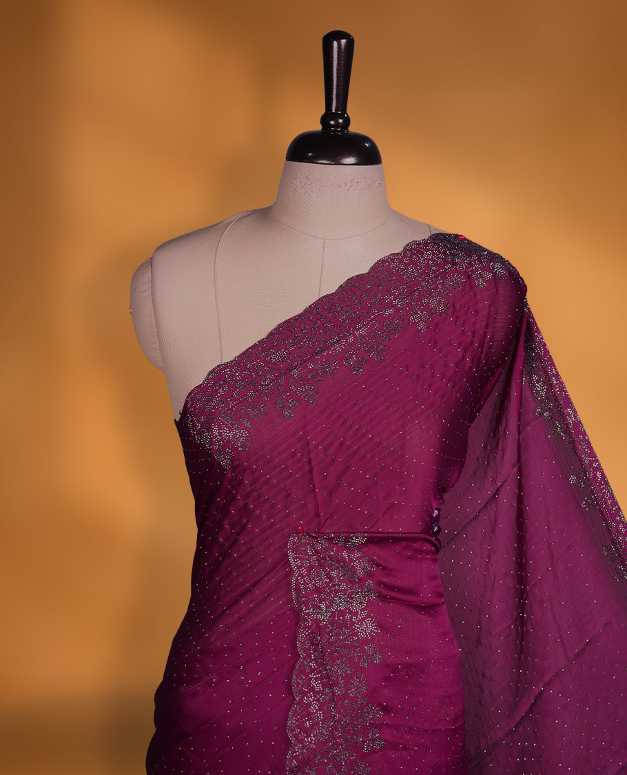 Dark Purple Colour Chiffon Designer Saree featuring Delicate White Stone Work All Over the Body, with Stone Detailing on the Border and Pallu, paired with a Matching Blouse.