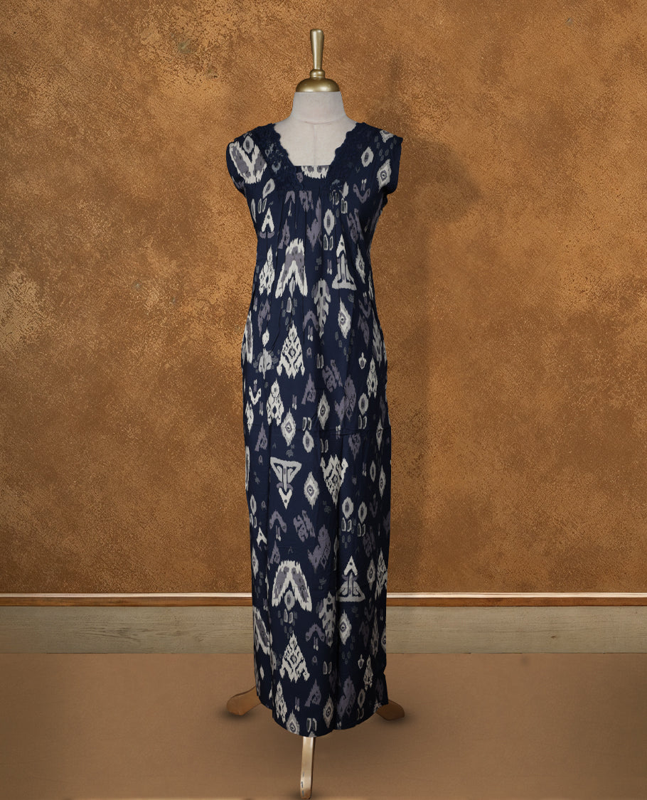 dark blue colour NStyle nighty featuring white & gray pattern, a V neckline with lace details , short sleeves, and a full ankle-length design.