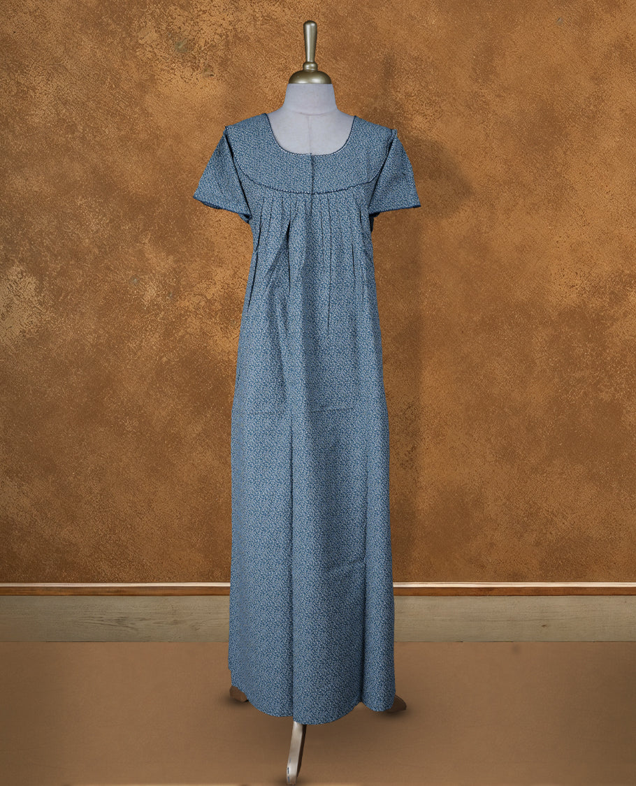 Dark aqua Green colour NStyle nighty featuring white floral patterns, a Round-neckline with thread border, short sleeves, and a full ankle-length design.