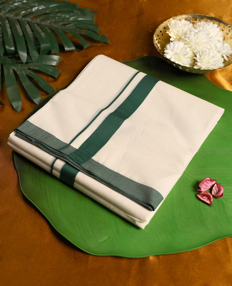 Simple off white cotton double dhoti featuring a bold dark green border with minimal stripe accents, offering a subtle and elegant traditional look perfect for daily wear, rituals, and festive occasions.