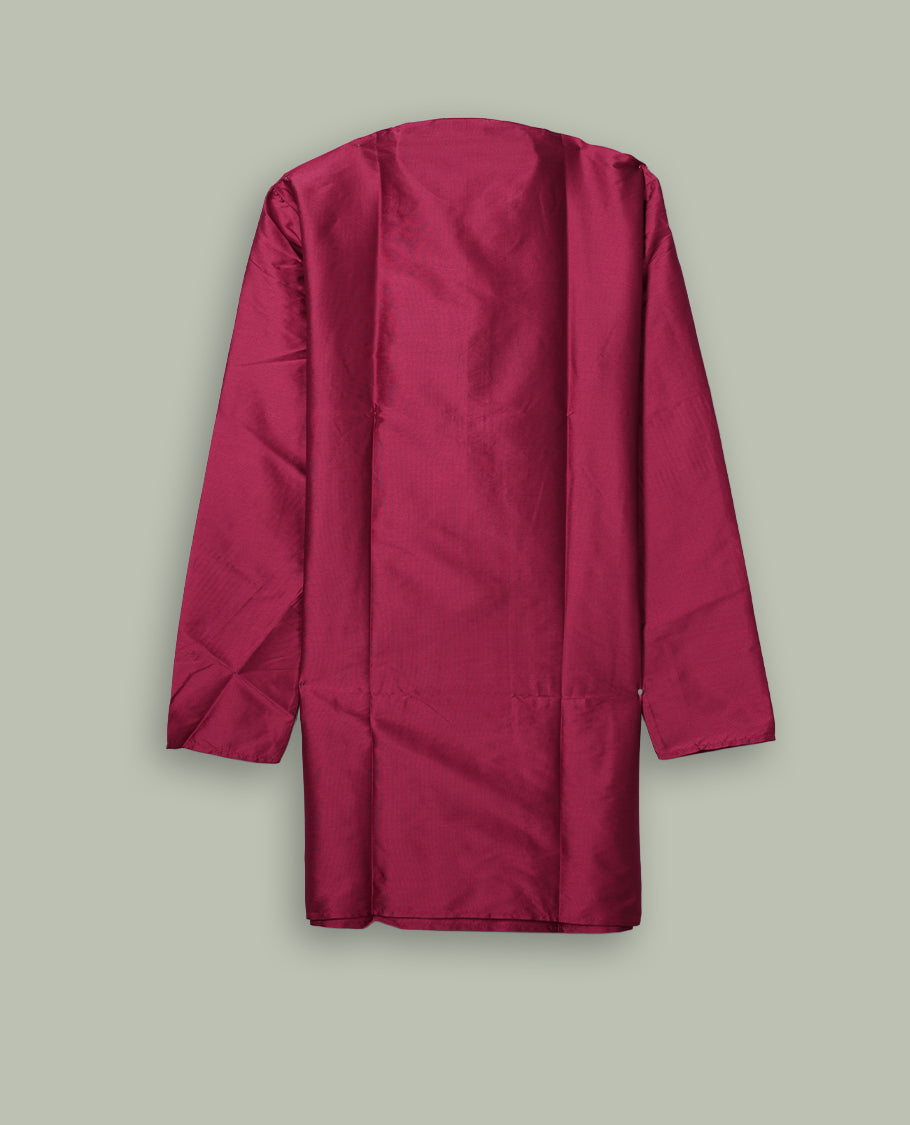Crimson colour mens kurta featuring elegant embroidery on the neckline & Crafted in a refined style with full sleeves, offering a perfect blend of tradition.