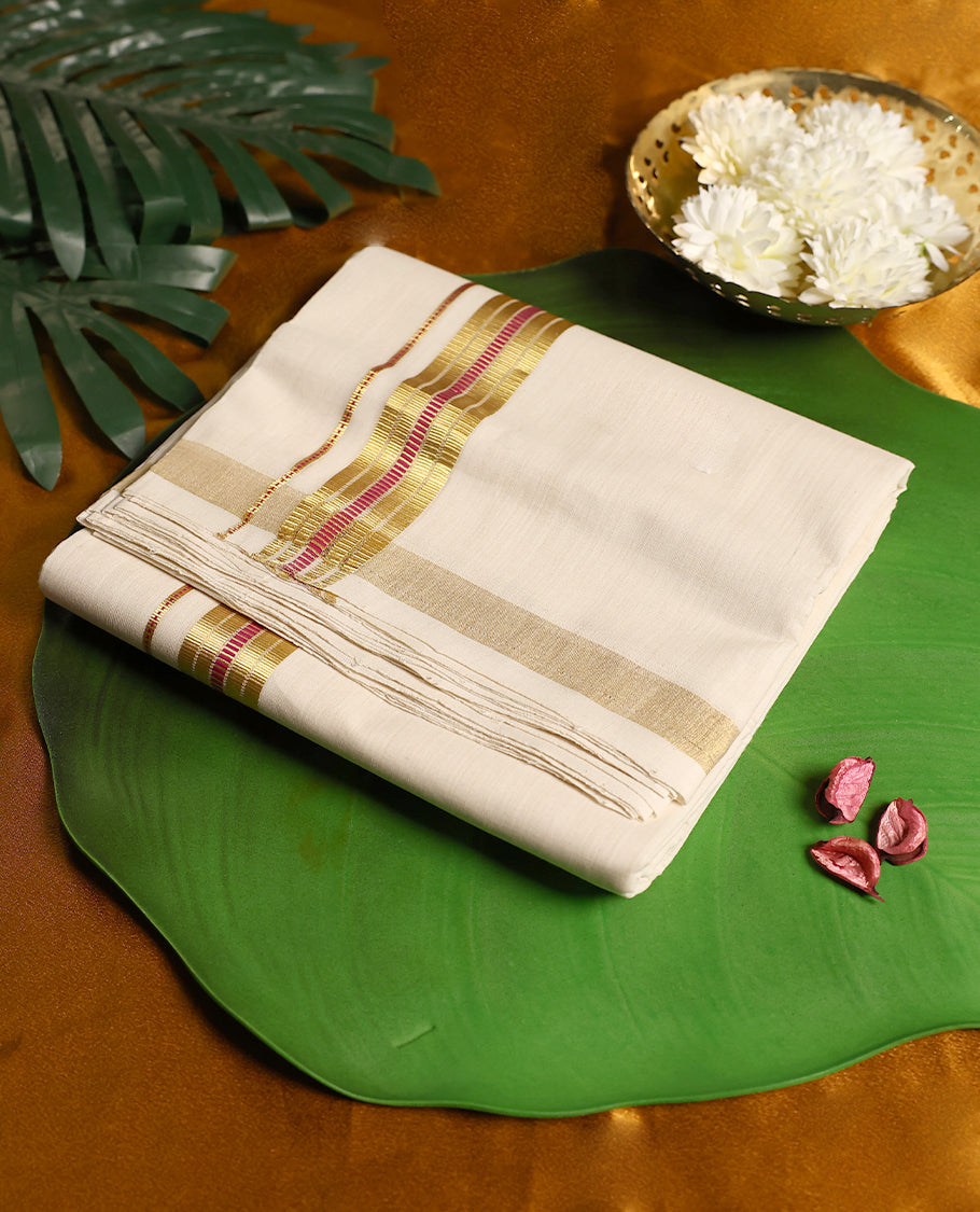 Traditional off white pure handloom cotton double dhoti highlighted with a golden zari border and dark magenta accents, creating a rich and graceful look ideal for weddings, festive occasions, and cultural ceremonies.