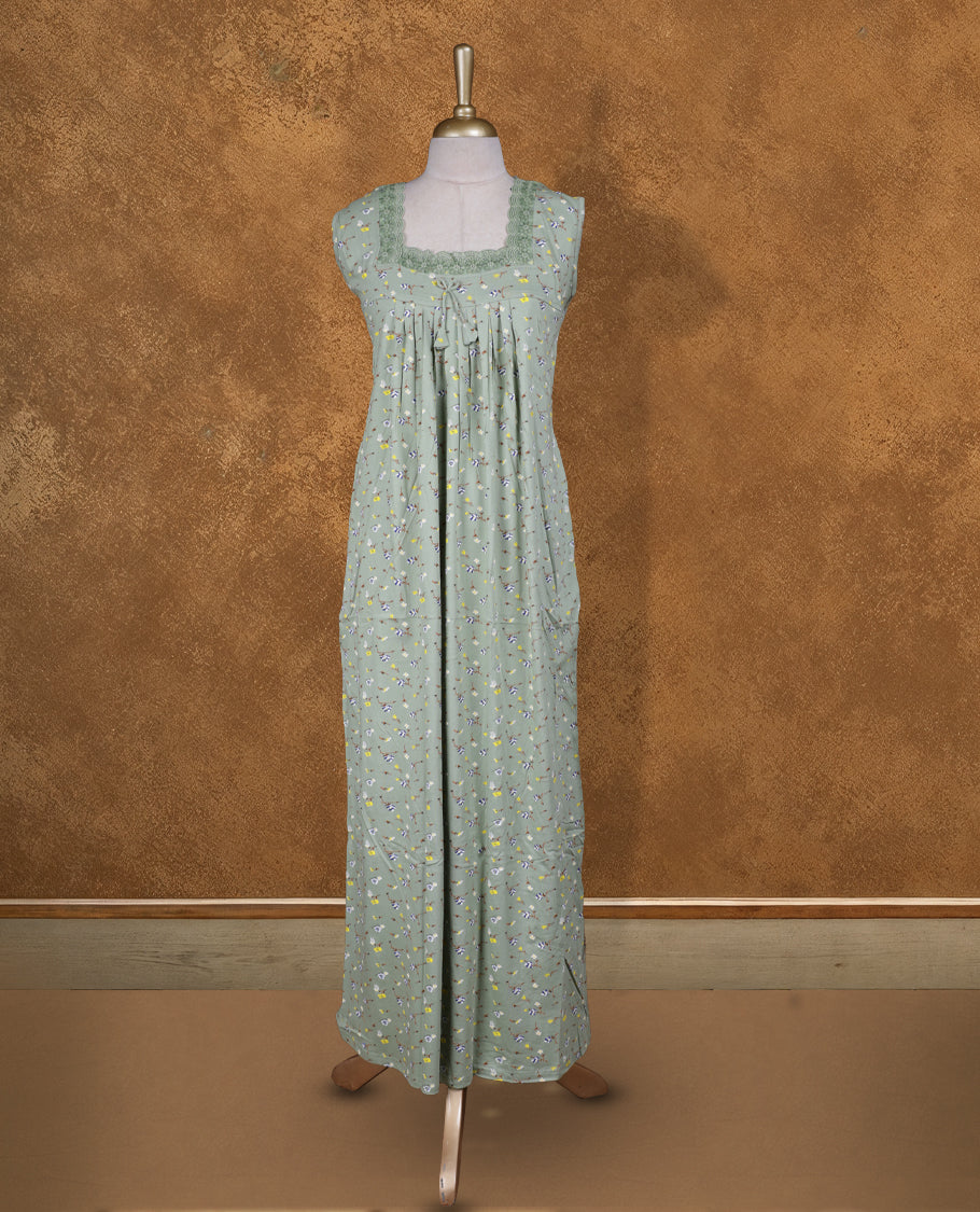 Olive green colour Nstyle nighty with featuring a floaral pattern, a Square neckline with lace detailing, sleeveless, and a full-length