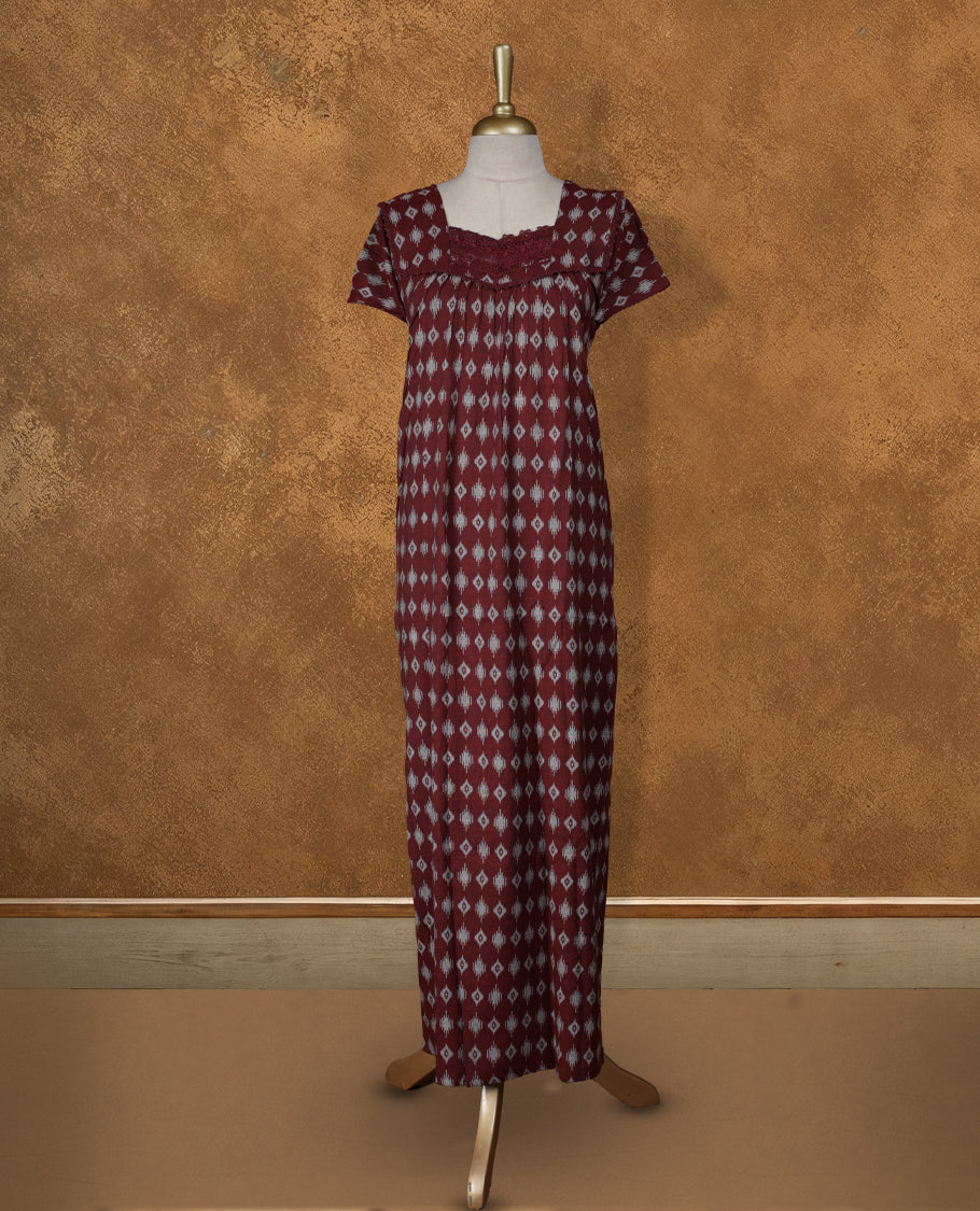 dark red Nighty Featuring Elegant diamond Patterns, diamond Neckline with Lace Border, Short Sleeves, and Full Ankle-Length Design