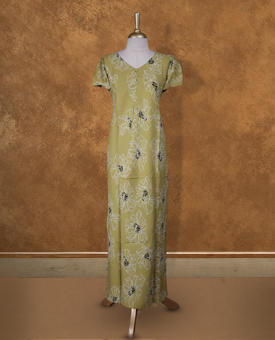 Light olive green colour NStyle nighty featuring white Floral patterns, a V neckline, short sleeves, and a full ankle-length design.