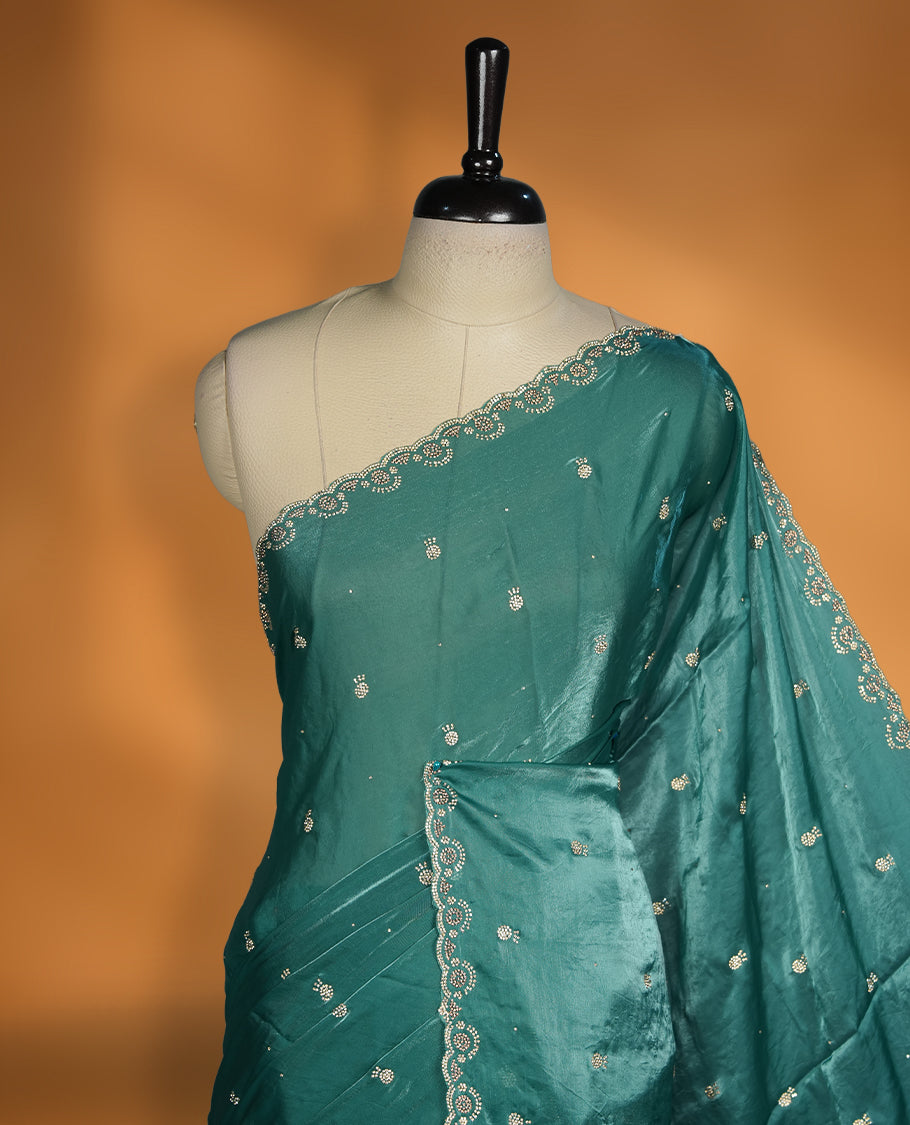 Mint Colour Chiffon Designer Saree featuring Delicate White Stone Work All Over the Body, with Stone Detailing on the Border and Pallu, paired with a Matching Blouse.