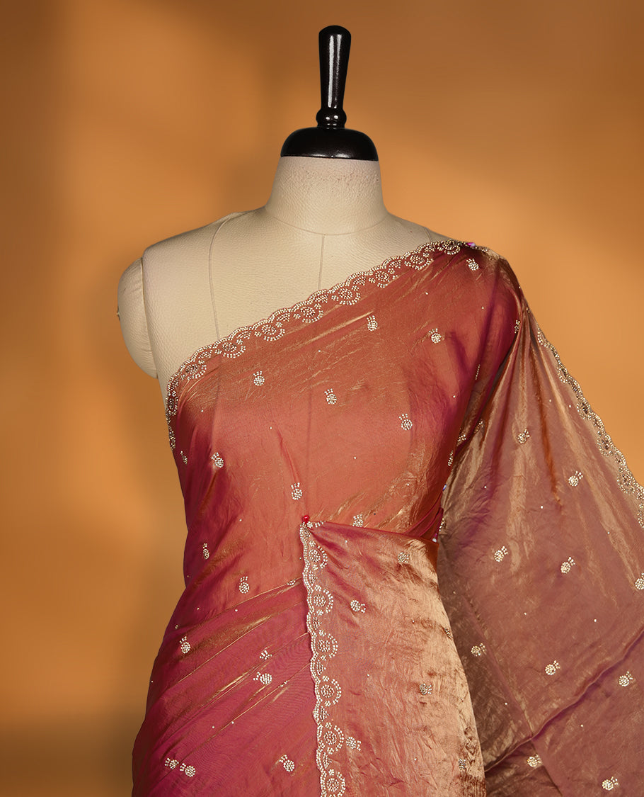 Brown and Magenta Double Shade Colour Chiffon Designer Saree featuring Delicate White Stone Work All Over the Body, with Stone Detailing on the Border and Pallu, paired with a Matching Blouse.