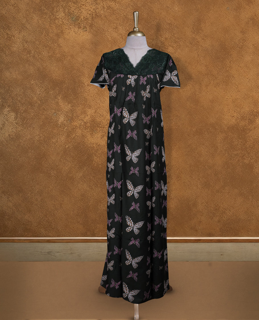 Dark green colour NStyle nighty featuring Butterfly patterns, a V neckline with design lace, short sleeves, and a full ankle-length design.