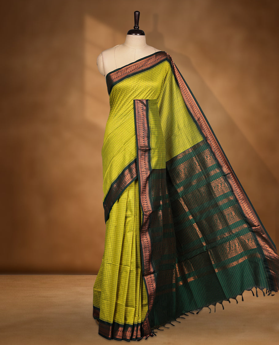 Lemon colour kalyani cotton saree featuring Antique zari check pattern on body, contrast Green colour border with antique zari pattern, paired with matching blouse piece.
