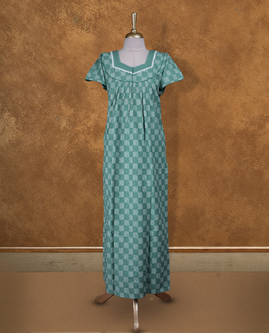 Teal green colour NStyle nighty featuring checkered patterns, a diamond neckline with lace trim detailing, short sleeves, and a full ankle-length design.