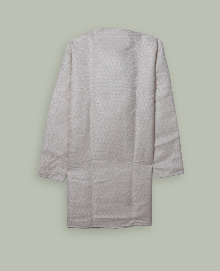 Cream colour mens kurta featuring elegant self colour & gold embroidery across body & Crafted in a refined style with full sleeves, offering a perfect blend of tradition.