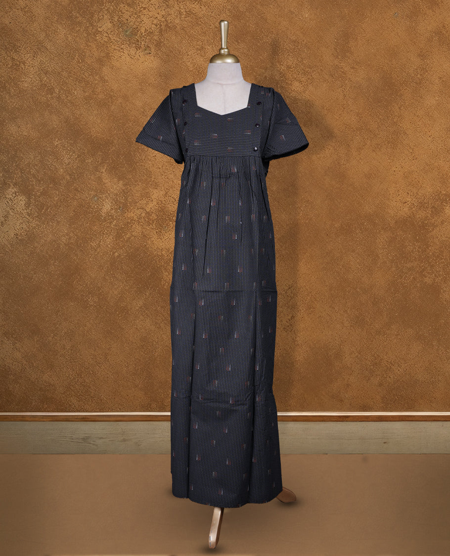 Black colour Nstyle nighty with featuring a gray diamond pattern, a Diamond neckline, short sleeves, and a full-length