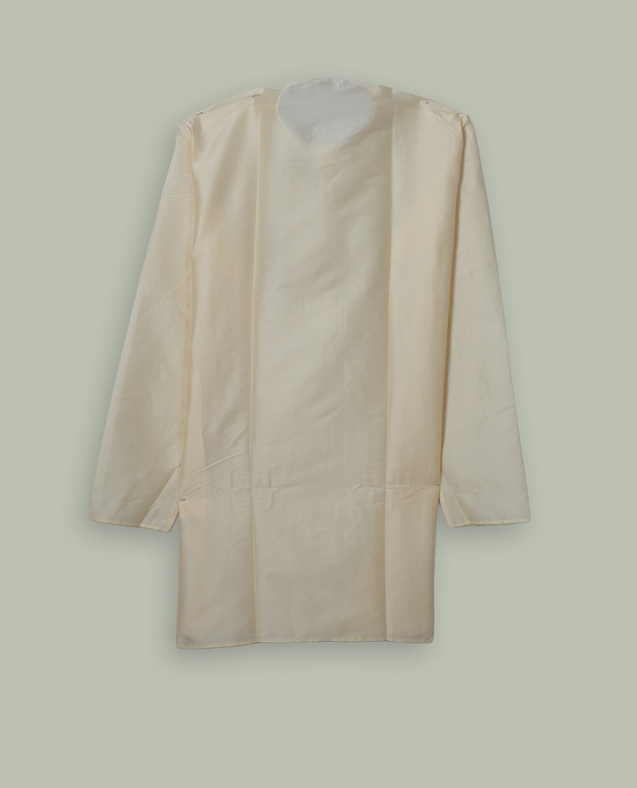 Cream colour mens kurta featuring elegant embroidery on the neckline & Crafted in a refined style with full sleeves, offering a perfect blend of tradition.