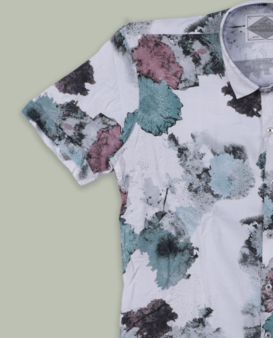 White colour short sleeve shirt features a rounded spread collar and a watercolor style floral print in teal, maroon, and black & its ideal for both casual days and laid back evenings.