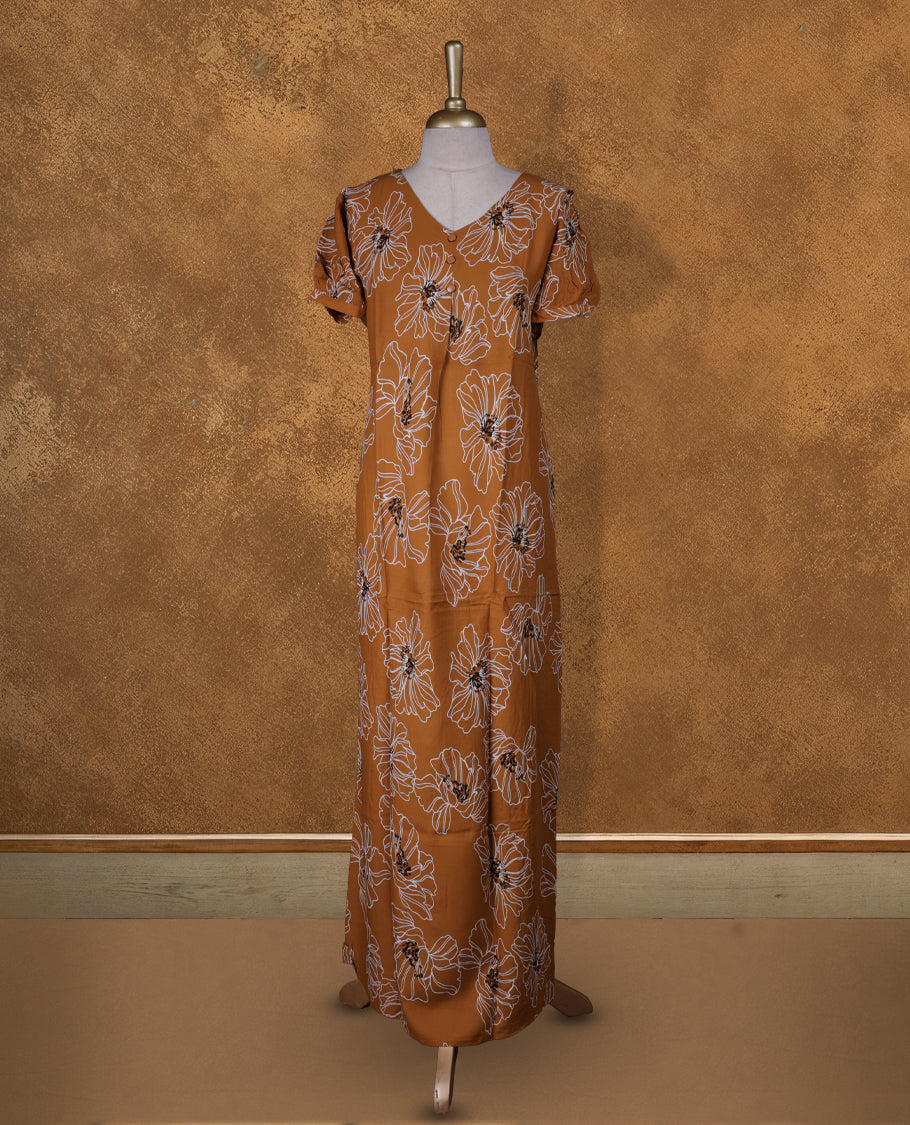 Brown colour NStyle nighty featuring white floral patterns, a V-neckline with button detailing, short sleeves, and a full ankle-length design