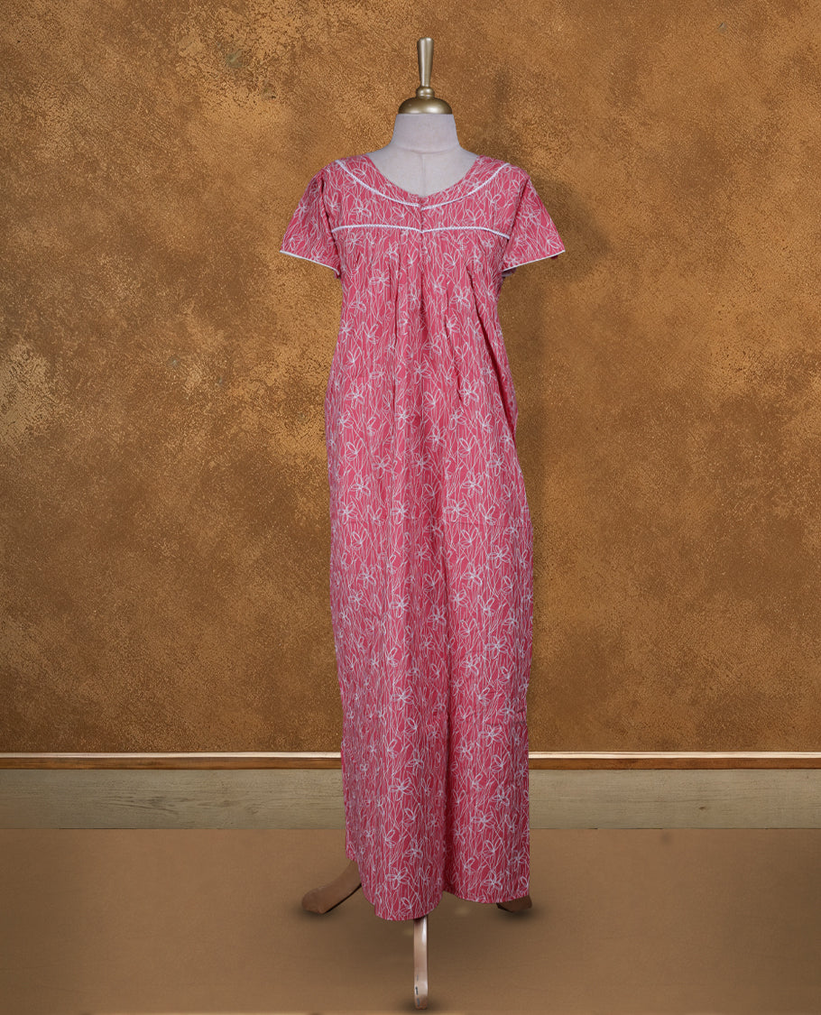 pink colour Nstyle nighty with featuring a White pattern, a V neckline with lace detailing, Short sleeve, and a full-length