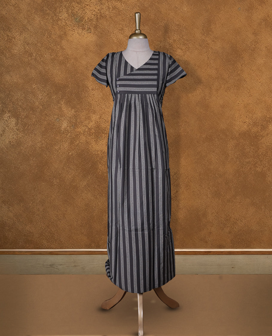 Grey colour NStyle nighty featuring black striped patterns, a V-neckline with button detailing, short sleeves, and a full ankle-length design.