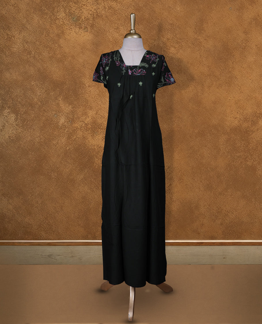 Dark green colour NStyle nighty featuring Coloured floral patterns, a Square-neckline, short sleeves, and a full ankle-length design.
