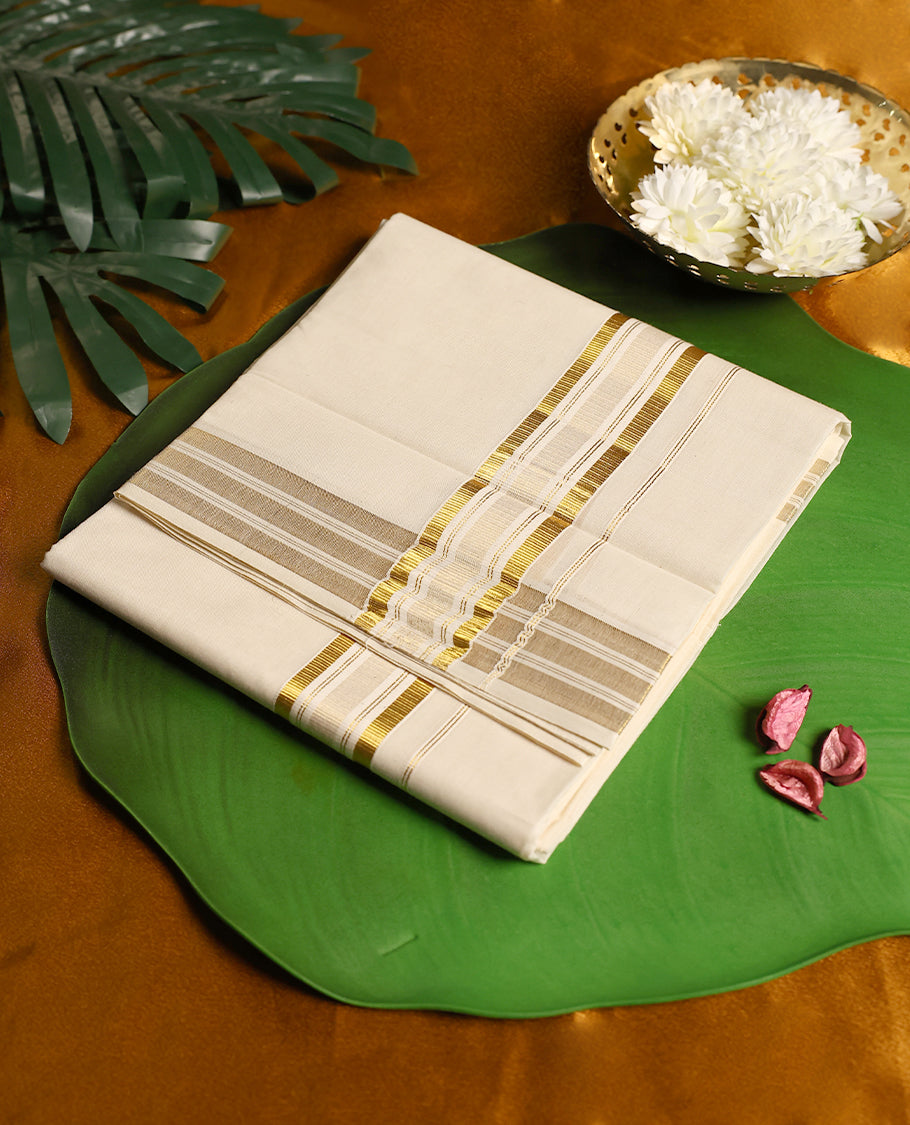 Elegant off white cotton double dhoti featuring a golden zari & white border with intricate stripe patterns and fine detailing, offering a refined and festive look perfect for traditional and cultural occasions.