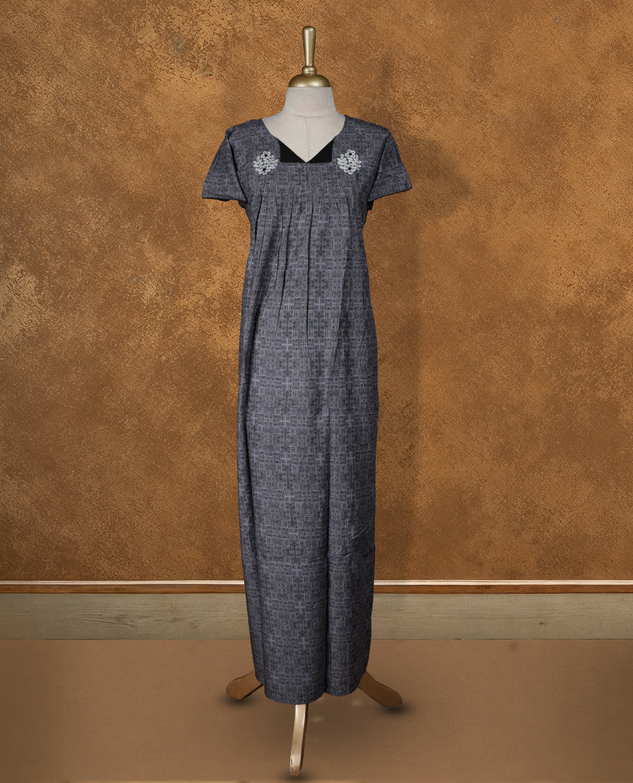 Zinc Gray colour NStyle nighty featuring White floral on front and black patterns, a V neckline, short sleeves, and a full ankle-length design.