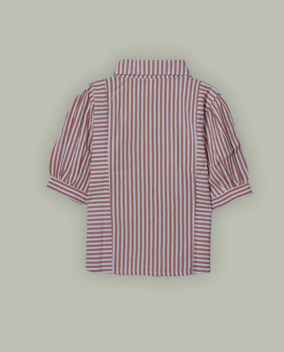 Orange & white colour shirt top with decorative front button & stripped body, thread pattern and sleeve.