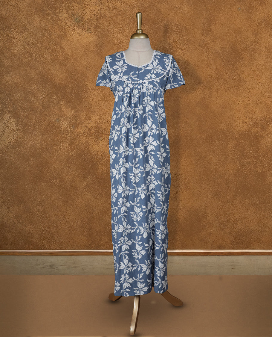 Dark gray blue colour NStyle nighty featuring white floral pattern, a Diamond neckline with white colour lace details , short sleeves, and a full ankle-length design.