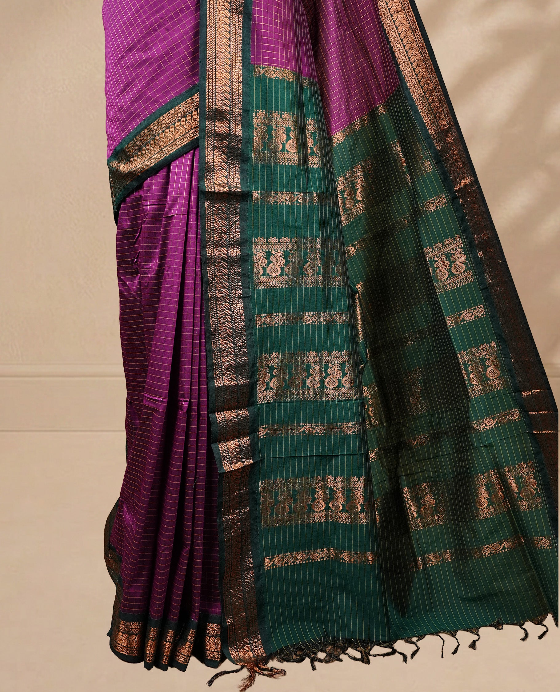 Grape colour kalyani cotton saree featuring gold zari check pattern on body, complemented by Green colour with Antique zari border, paired with matching blouse piece.