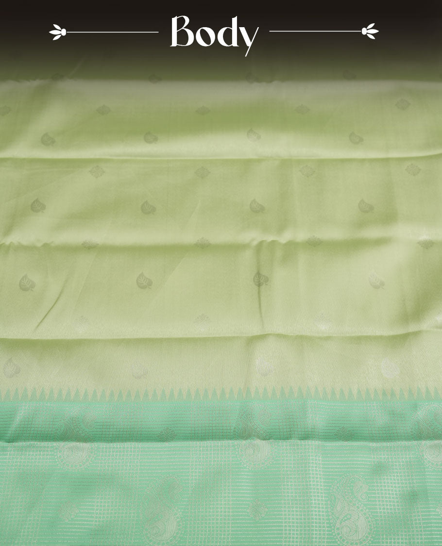 Light green colour semi silk saree adorned with silver leaf motifs on the body, complemented by a aqua green pallu intricately woven with rich floral patterns border and pallu, and paired with a matching blouse