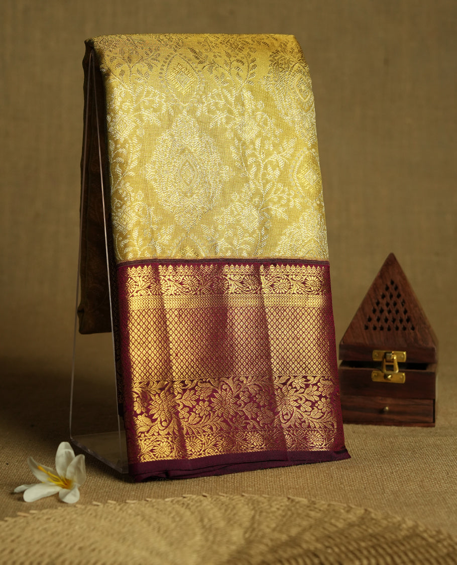 Golden Colour Tissue Wedding Silk Saree having Golden Jaal Worked Body and Maroon Border with Contrast Blouse