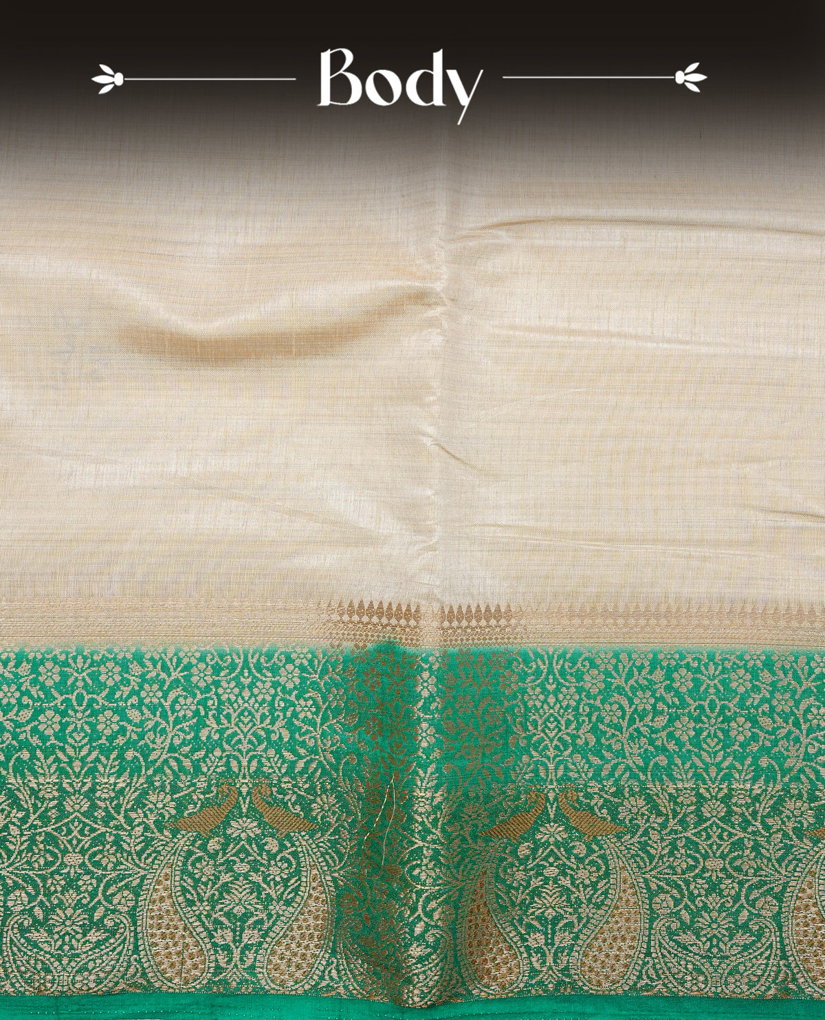 Light gold tussar saree featuring Elegant plain body, complemented by contrast Green colour with Gold zari Floral kodi with Peacock Pattern border, comes with matching blouse piece.