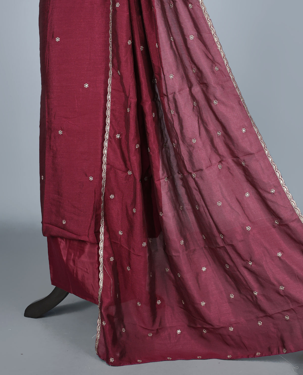 Maroon Colour Vijitra Silk Salwar Material Featuring Elegant White Thread Embroidery on the Front Panel, paired with a matching bottom & graceful embroidered Dupatta.