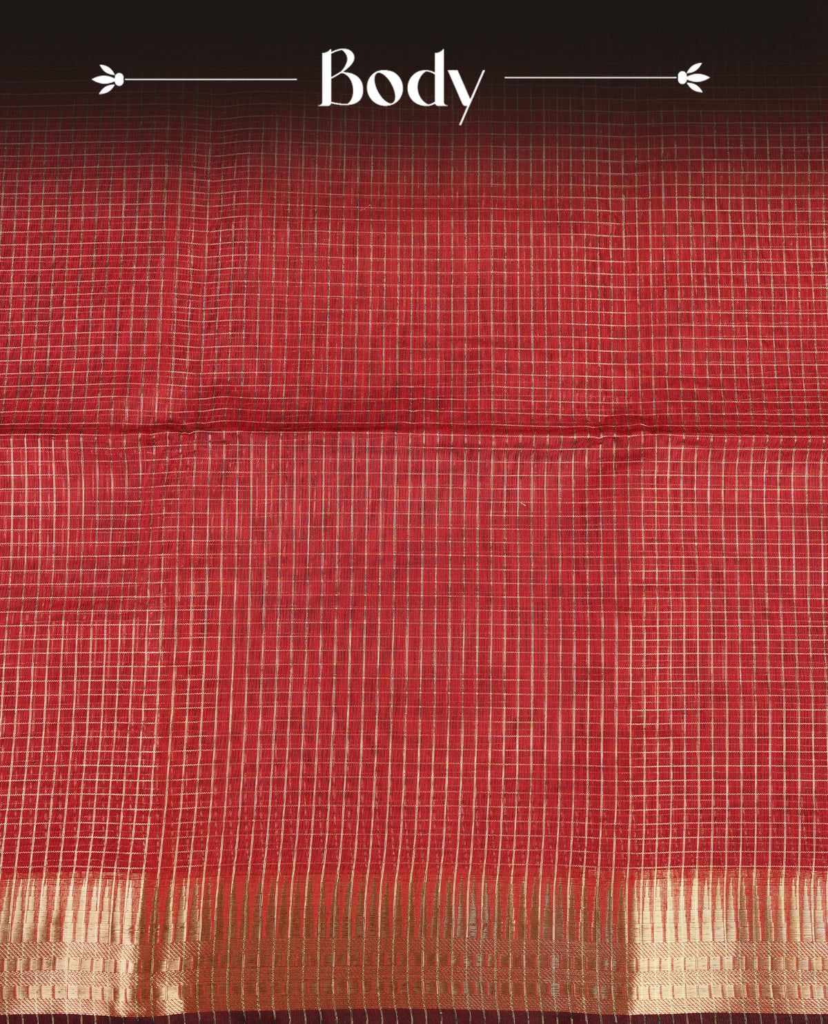 Maroon colour Maheshwari cotton saree, gold zari small checks on body, complement self colour gold zari temple design border comes with matching blouse.